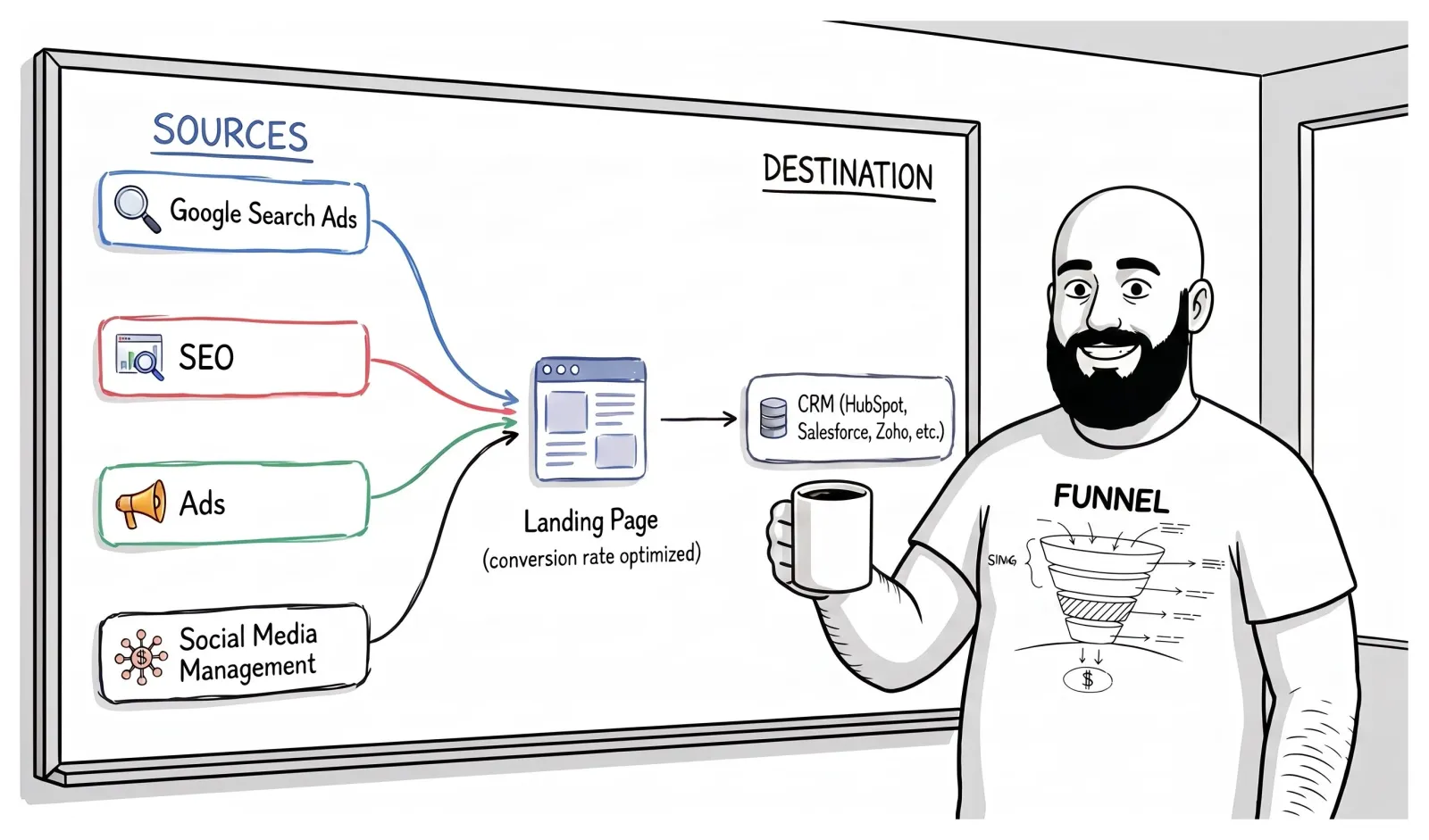 A funnel specialist with a coffee at a whiteboard showing four sources (Google Search Ads, SEO, ads and social media) feeding one landing page, which feeds a CRM