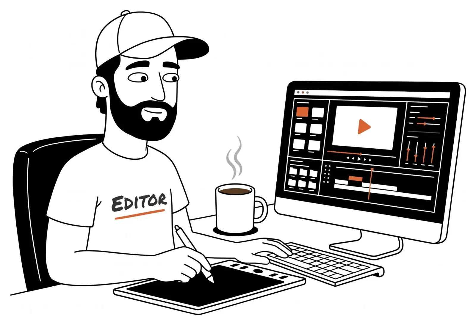 A video editor in a cap at his computer, editing a video on the timeline with a pen tablet and a coffee