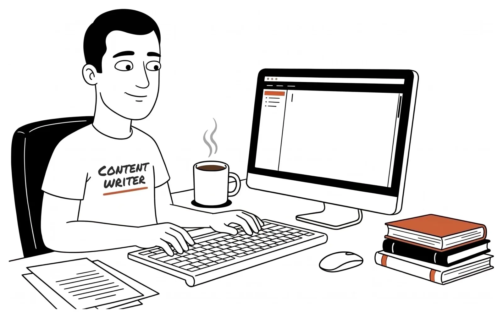 A content writer typing at his computer, with a coffee beside him and books on the desk