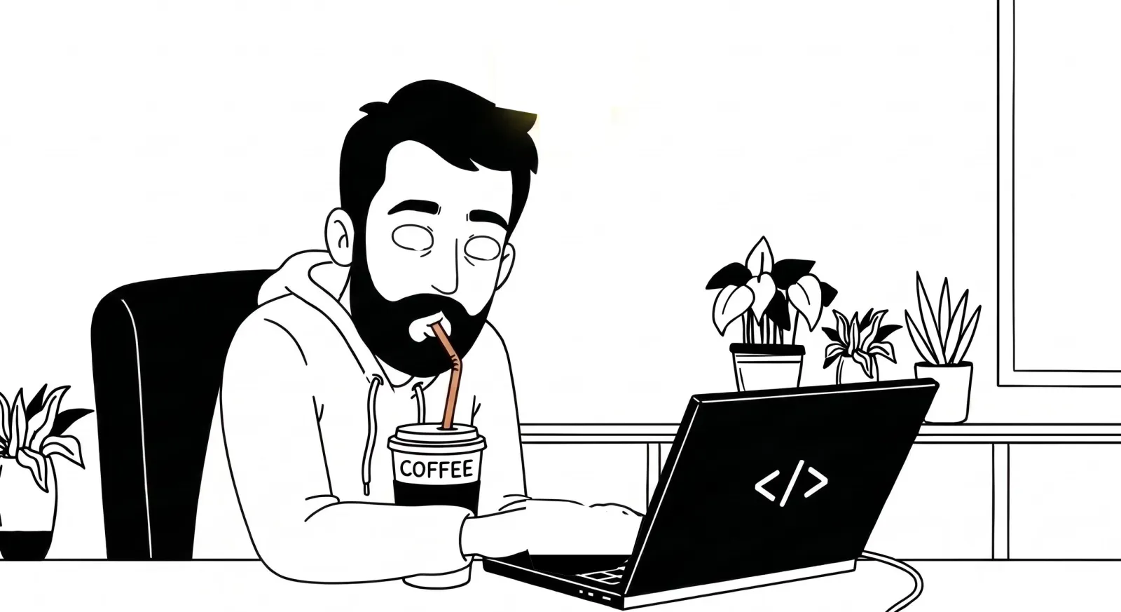 A developer sipping coffee while he builds a website on his laptop, with a light bulb glowing above his head