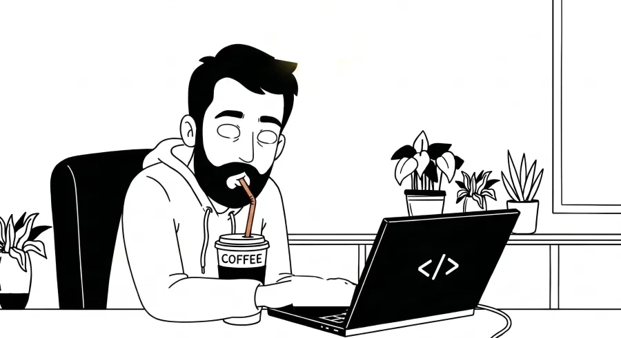 A developer fixing a website on his laptop while code pops out of the screen
