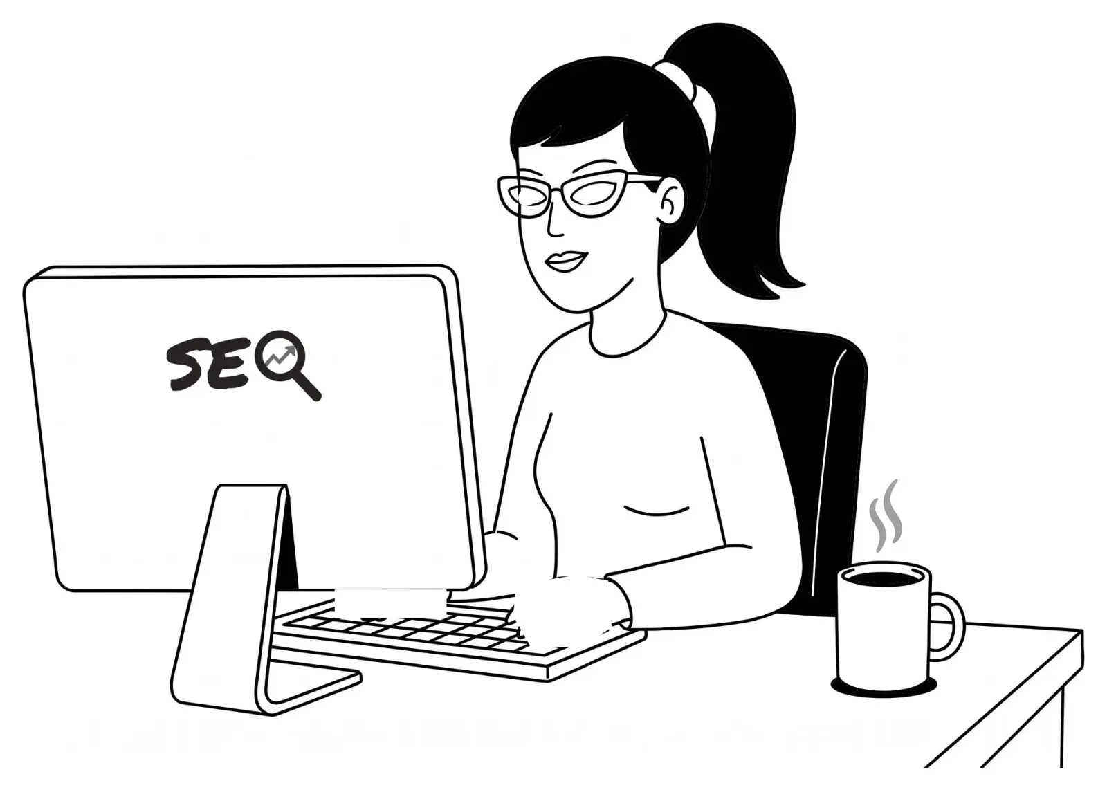 An SEO specialist with her coffee, typing at her computer while a search result climbs to the top of Google and a new call comes in