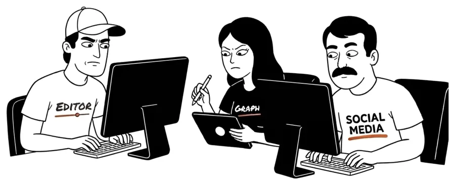 The team at their screens replying to messages, with Meta’s very responsive badge